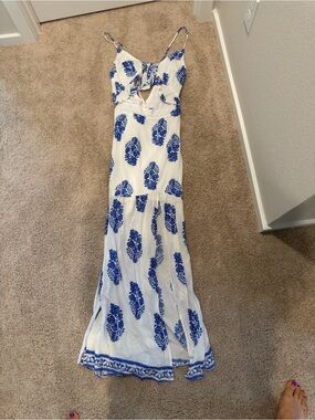White and Blue Tie-Front Maxi Dress